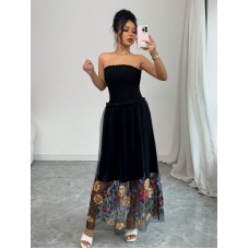 Sexy Floral Embroidered Strapless Long Dress for Women Sexy Floral Embroidered Strapless Long Dress for Women