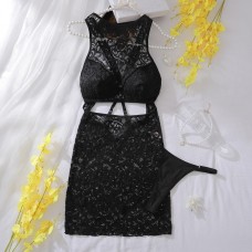 Lace two-piece fashionable hollow out backless see through suspender dress Lace two-piece fashionable hollow out backless see through suspender dress