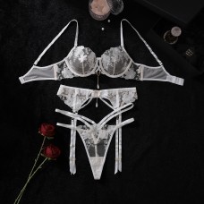 Embroidered mesh perspective sexy gathering lingerie three piece set Embroidered mesh perspective sexy gathering lingerie three piece set