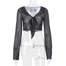 European and American Women's Fashion Sexy Transparent Polka Dot Print Long Sleeve Elegant Versatile Top