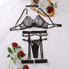Female deep V-belt lingerie set with steel ring sexy low cut seductive bra