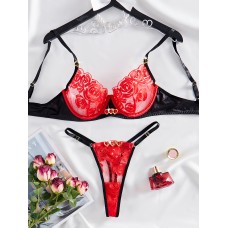 Female Embroidered Sexy Underwear Red Valentine's Day Set with Steel Hoop Gathering Sexy Bra