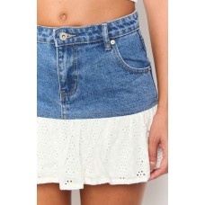 Sweet Retro Lace Splicing A-line High Waist Denim Skirt