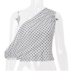 Sexy Oblique Collar Polka Dot Chiffon Transparent Irregular Blouse for Women