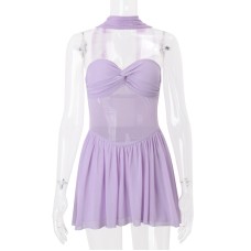 European and American Style Women's Pure Color Sexy Fitted Backless Mesh Scarf Collar Strapless Dress