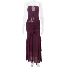 European Women's Fashion Sexy Strapless Mesh One-Shoulder Top with Pleated Ruffle Hem Skirt Set