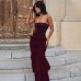 European Women's Fashion Sexy Strapless Mesh One-Shoulder Top with Pleated Ruffle Hem Skirt Set