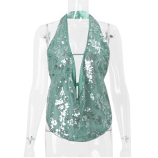 European and American Style Women's New Summer INS Spicy Girl Sexy Backless Halter Swing Collar Hollow Sequined Tank Top