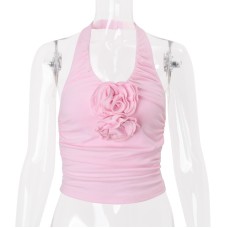 European Women's Fashion Spicy Girl Sexy Pure Desire Pleated Flower Decorative Halter Backless Top