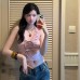 European Women's Fashion Spicy Girl Sexy Pure Desire Pleated Flower Decorative Halter Backless Top