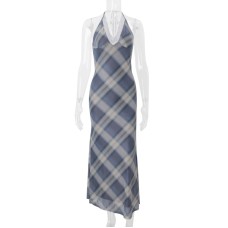 European Women's Dress Sexy V-neck Lace Trim Check Sweet Retro Fitted Dress
