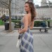 European Women's Dress Sexy V-neck Lace Trim Check Sweet Retro Fitted Dress