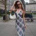 European Women's Dress Sexy V-neck Lace Trim Check Sweet Retro Fitted Dress