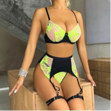 Circle gathering sexy perspective embroidery contrasting color lingerie set