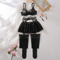 Lace Mesh Perspective Splicing Butterfly Knot Decorative Sexy Underwear Short Skirt Four Piece Set