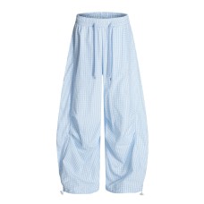 Small Plaid Loose Wide-Leg Trousers with Drawstring Pleat Design for Men