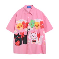 Unique Fun Cartoon Print Loose Short Sleeve Shirt American Trend Men's Summer Retro Casual Turn-Down Collar Shirt