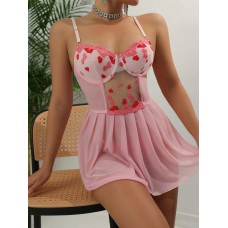 Love Net Cloth Exposed Back Perspective Low cut Steel Circle Sexy Sex Sleeping Skirt Two Piece Set