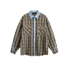 Splicing denim checkered men's and women's loose shirt Splicing denim checkered men's and women's loose shirt