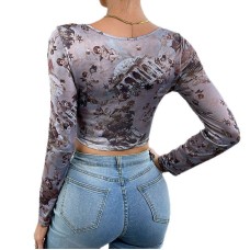 Square collar floral long sleeved crop top with exposed navel print for slim fit