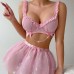 Cross-border Foreign Trade  Fashion Simple Sexy Beaded Chain Transparent Mesh Pleated Lace Strap Lingerie Set
