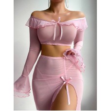Transparent Mesh Uniform Temptation High Slit Long Skirt Erotic Lingerie Set