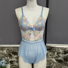 Cute Pink Women's Embroidered Romper Underwear Set