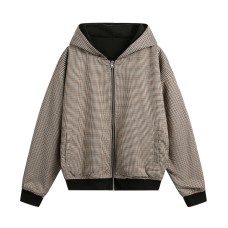 Double-sided Wear Hooded Cardigan Unisex Spring and Autumn Casual Loose Fit Plaid Short Jacket Two-Way Wearing
