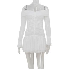 One shoulder flared long sleeved dress with slimming and pleated A-line short skirt