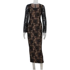 Sexy lace print U-neck long sleeved slim slit spicy girl dress for women Sexy lace print U-neck long sleeved slim slit spicy girl dress for women
