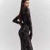 Sexy lace print U-neck long sleeved slim slit spicy girl dress for women