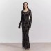 Sexy lace print U-neck long sleeved slim slit spicy girl dress for women
