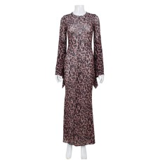Leopard print mesh translucent sexy trumpet long sleeved fishtail dress