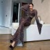 Leopard print mesh translucent sexy trumpet long sleeved fishtail dress