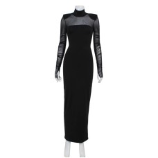 Temperament semi high neck mesh patchwork slim fit dress for women Temperament semi high neck mesh patchwork slim fit dress for women