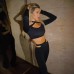 Hanging neck long sleeved top with hollowed out waist and micro flared long pants two-piece set