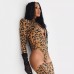 Sexy hollowed out slim fit leopard print long sleeved jumpsuit for women