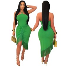 Sleeveless Tie-Waist Fitted Bodycon Tassel Irregular Hem Long Dress for Women 