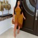 Sleeveless Tie-Waist Fitted Bodycon Tassel Irregular Hem Long Dress for Women 
