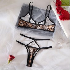 Leopard Print Lace  Underwear Set - Sexy Semi-Transparent Ultra-Thin Large Bust Minimizer Push-Up Bra Set