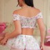 Lace Mesh Floral Print Pure Desire Sexy Strapless Off-Shoulder Mini Skirt, Thong, Fishnet Socks, and Lingerie Four-Piece Set