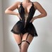 Lace Mesh Deep V-Neck Exposed Chest Transparent Sexy Bodysuit Erotic Underwear  Metal Chain Sling Dress