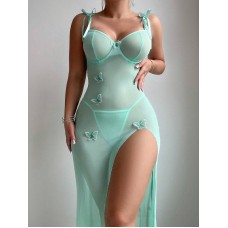 Sexy Sheer Mesh Tempting Lace Backless High Slit Light Blue Lingerie Strap Dress