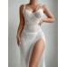 Sexy Sheer Mesh Tempting Lace Backless High Slit Light Blue Lingerie Strap Dress