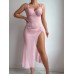 Sexy Sheer Mesh Tempting Lace Backless High Slit Light Blue Lingerie Strap Dress