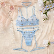 Sexy Bow Hollow-out Blue Ultra-thin Lace Bra Set Pure Desire Lingerie Set
