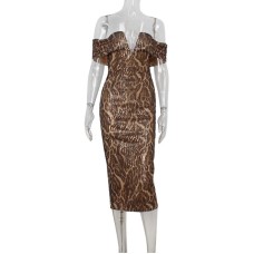 V-neck temperament shoulder baring leopard print sequin evening long dress