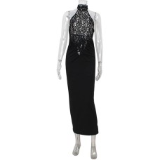 Hanging neck backless sleeveless lace patchwork slim fit dress Hanging neck backless sleeveless lace patchwork slim fit dress