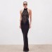 Hanging neck backless sleeveless lace patchwork slim fit dress