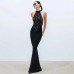 Hanging neck backless sleeveless lace patchwork slim fit dress